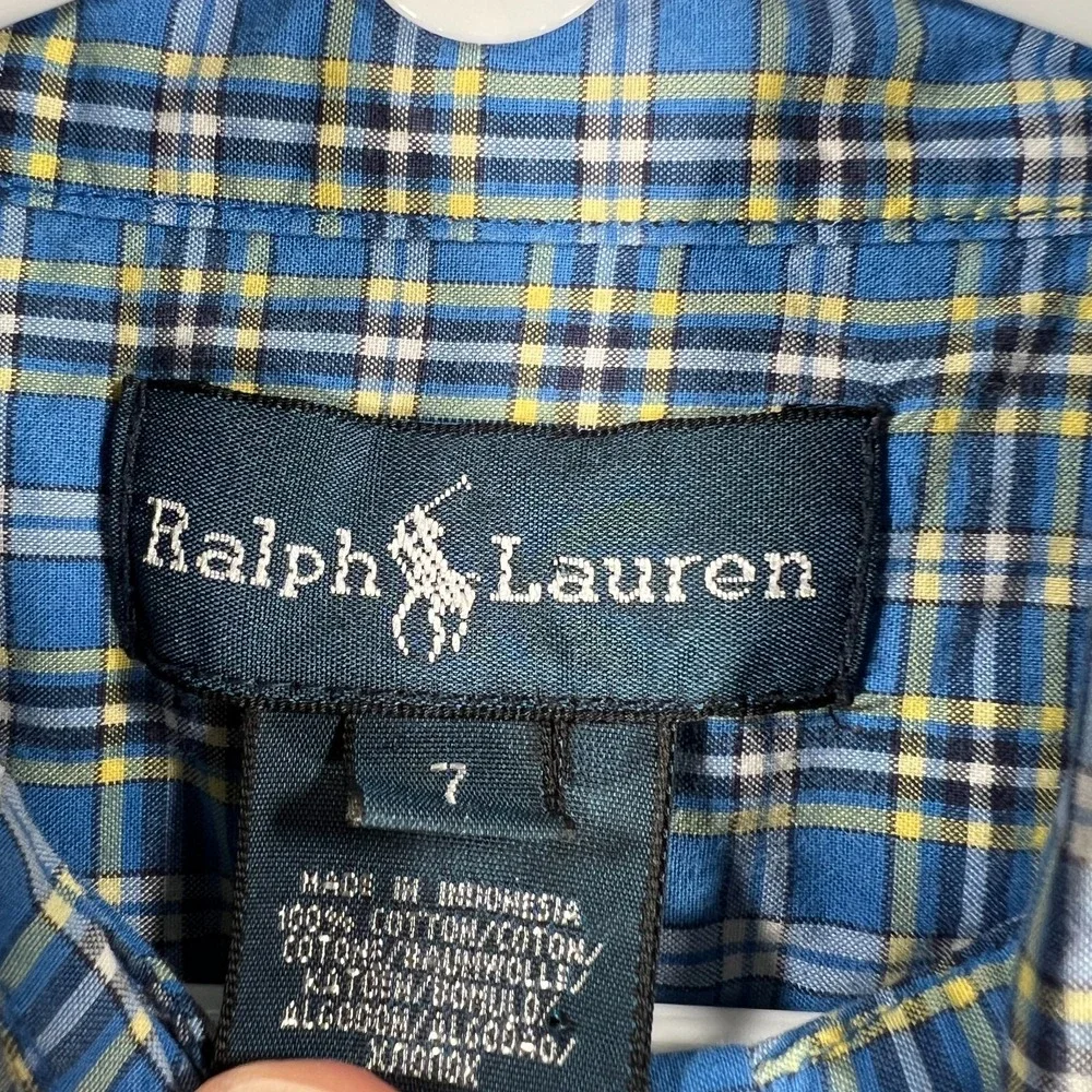 Ralph Lauren Shirt Youth Boys 7‎ Blue Plaid Long Sleeve Button Down Casual Dress